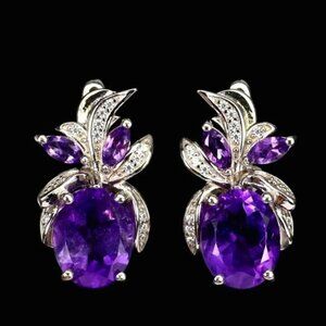 Natural‎ Amethyst 9x8mm & Cz 925 Sterling Silver Earrings